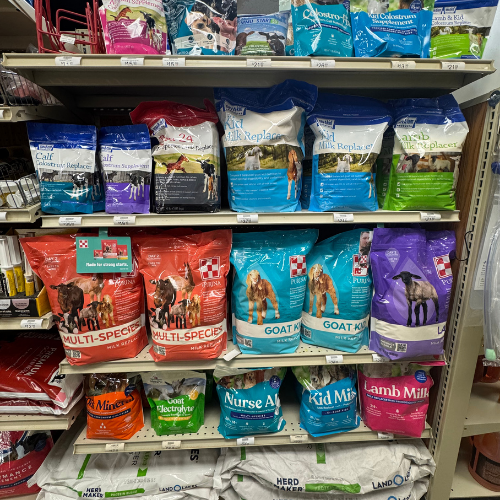 Farm feed and supplies on display inside of McGregor General Store.
