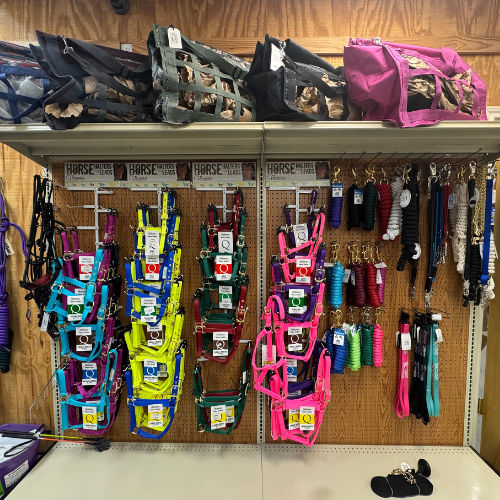 Farm tack and supplies on display inside of McGregor General Store.