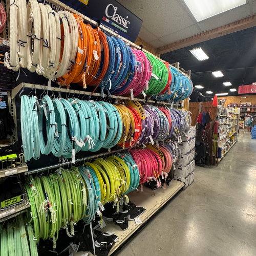 Farm tack and supplies on display inside of McGregor General Store.