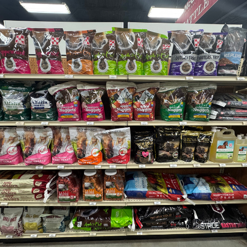 Farm feed on display inside of McGregor General Store.