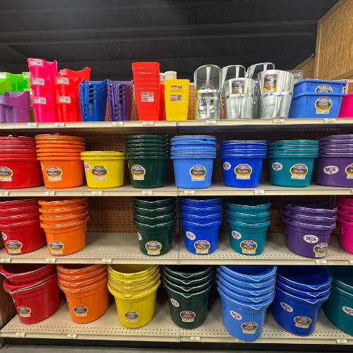 Farm buckets and supplies on display inside of McGregor General Store.
