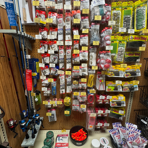 Hunting supplies on display inside of McGregor General Store.
