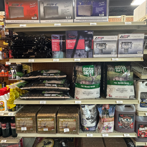 Hunting supplies on display inside of McGregor General Store.