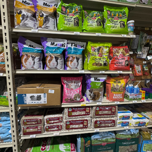 Pet food and supplies on display inside of McGregor General store.