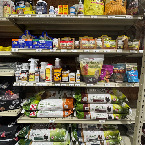Farm feed and supplies on display inside of McGregor General Store.
