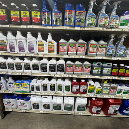 Lawn and garden supplies on display inside of McGregor General store.
