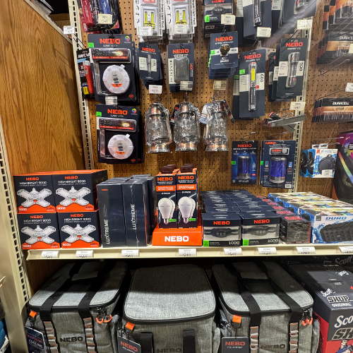 Outdoor supplies on display inside of McGregor General store.